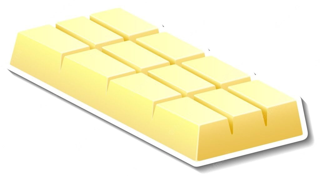 A cartoon-style image of a white chocolate bar with a fun, lighthearted vibe